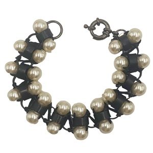 LEE ANGEL Vintage Woven Bracelet black metal with whit/creamy glass pearls